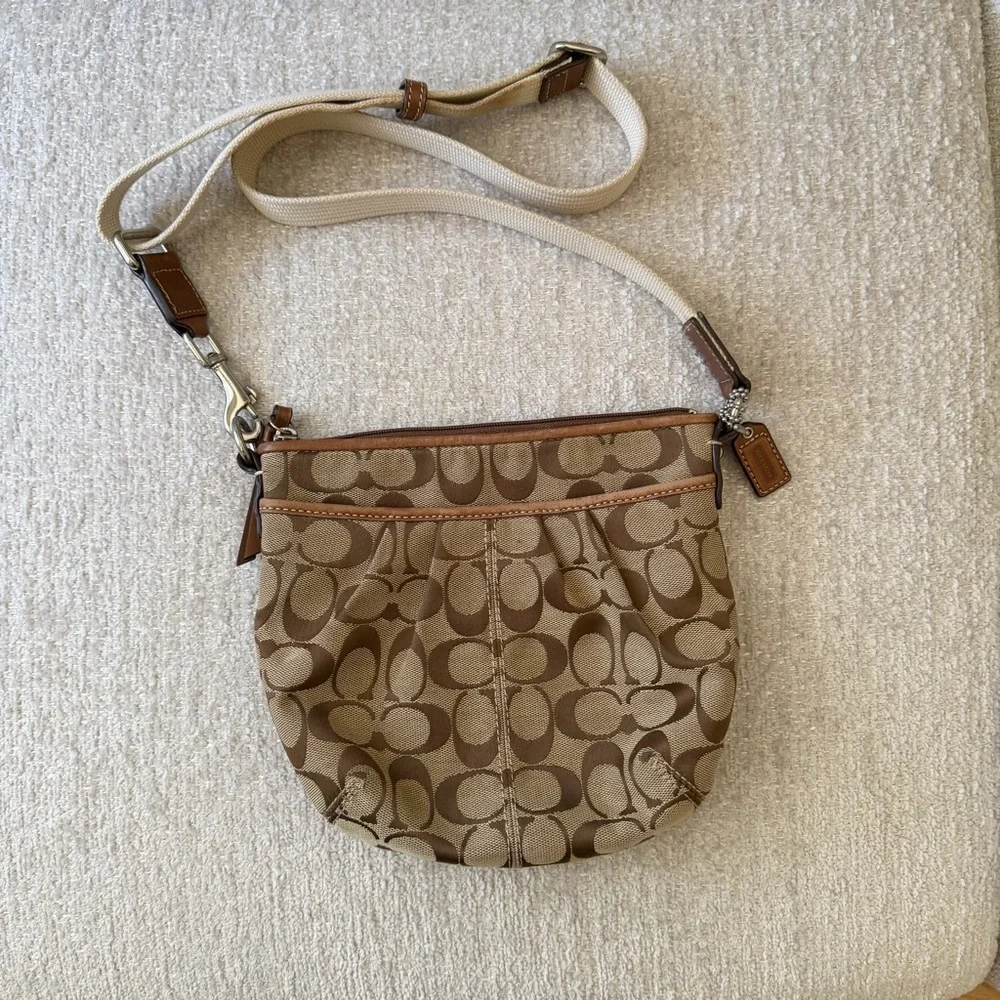 Coach Brown Signature Canvas Crossbody with Cream Adjustable Strap